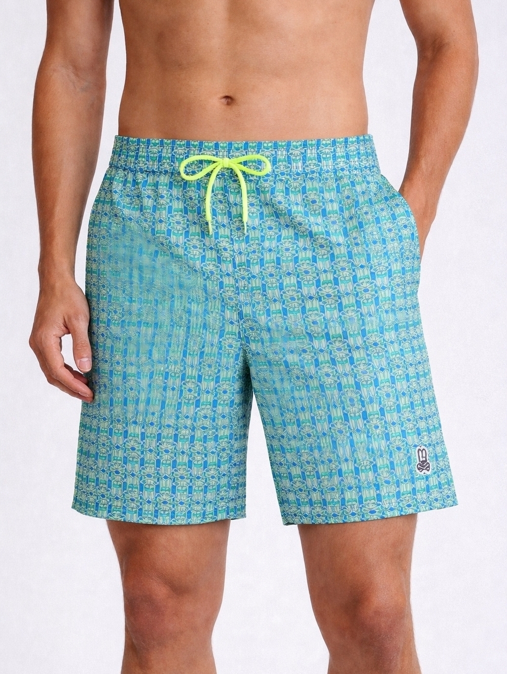 PSYCHO BUNNY Barker Allover Swim Trunks In Blue/green. Size 2XLT NWOT